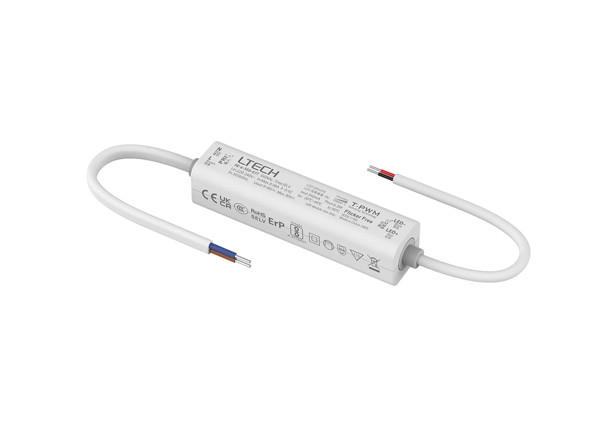 SE-6-350-G1T  Triac/ELV, PWM,6W, C. Current Dimmable Driver, 350mA, DC:9-18Vdc, EFF>70%, IP20, 5yrs Warranty.